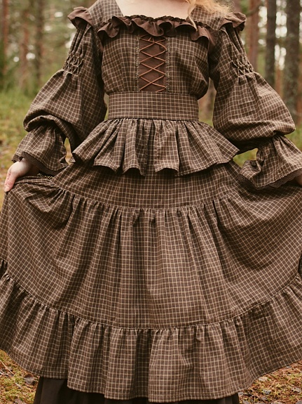 Платье из пестряди "Клетка" в коричнево-терракотовом цвете