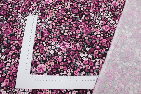 Фланель "Мелони (розовые/т.лиловые цветы на черном)", ш.1.5м, хлопок-100%, 180гр/м.кв