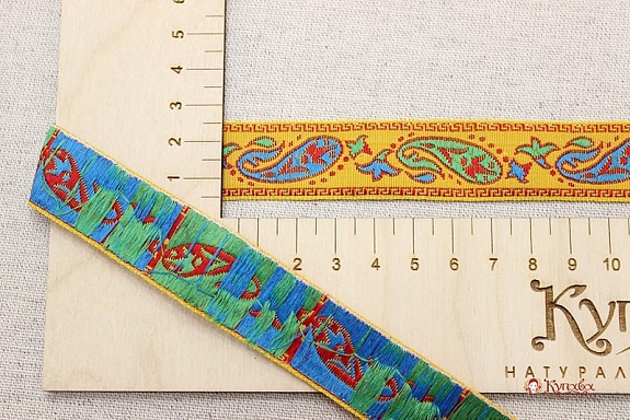 Жак.лента 22мм Зелено-голубые огурцы на желтом