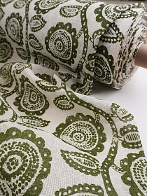 Льняная сетка "Цветочные розетки под набойку" цв.сливочный/зеленый хаки, ш.1.15м, лен-100%, 150гр/м.кв