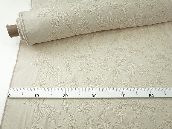 Полулен с вышитым рисунком "Дубовые листочки" цв.суровый, ш.1.35м(выш.часть1.2м), хл-50%, лен-50%