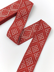 Лента тканая для поясов, 50мм Ромбы (цв.суровый) на красном, рис.9475/5, 3м