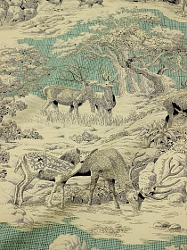 Мерный лоскут (ткань в отрезах) Интерьерный хлопок "Гравюра - олени" цв. винтажная мята/бежевый, ш.1.5м, хл-100%, 230гр/м.кв