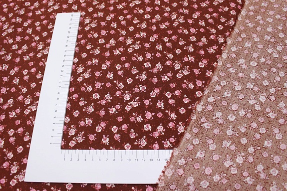 Штапель "Розовое очарование на темном коричнево-терракотовом", ш.1.44м, вискоза-100%, 90гр/м.кв