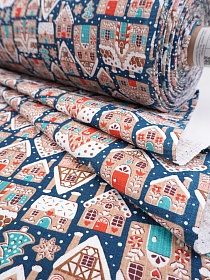 Вафельное полотно "Пряничные домики" цв.морская волна, ш.1.5м, хлопок-100%, 165гр/м.кв