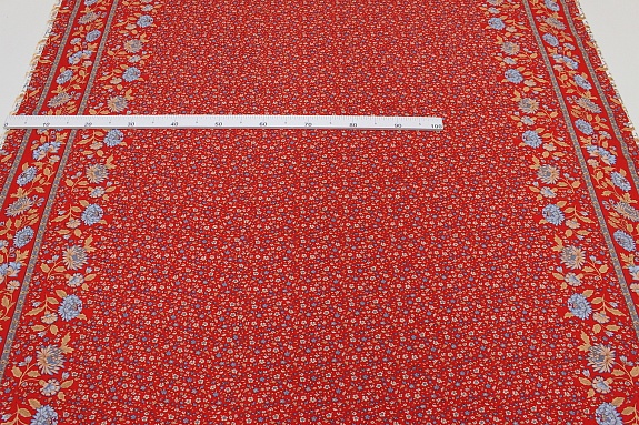 Штапель Премиум "Цветочные напевы с каймой на красном", ш.1.45м, вискоза-100%, 110гр/м.кв