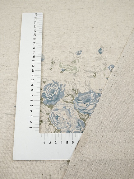 Полулен "Поллианна (голубые цветы)" (на суровом), СОРТ2, ш.1.5м, лен-30%, хлопок-70%, 147гр/м.кв