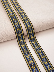 Жак.лента 18мм Васильково-желтый орнамент на черном, рис.9047/3