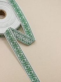 Жак.лента 24мм Снежинка-орнамент (цв.зеленый) на белом 