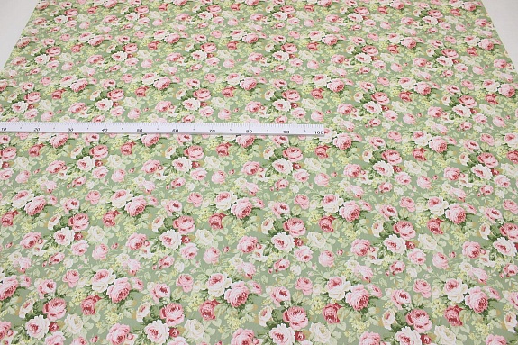 Сатин "Великолепие роз на винтажно-зеленом", ш.1.6м, хлопок-100%, 110гр/м.кв