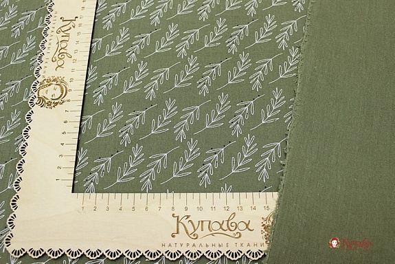 Муслин двухслойный с эф.жатости "Веточки" цв.серый хаки, ш.1.42м, хлопок-100%, 120гр/м.кв