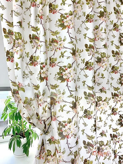 Мерный лоскут (ткань в отрезах) - Рогожка "Яблоневый цвет на белом", ш.1.5м, хлопок-100%, 165гр/м.кв