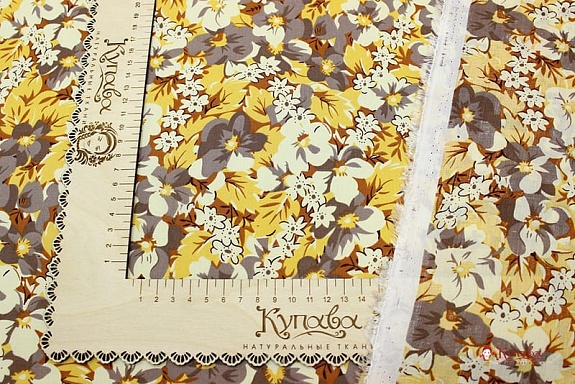 Мерный лоскут (ткань в отрезах) - Штапель "Цветочные узоры" цв.горчичный, ш.1.44м, вискоза-100%