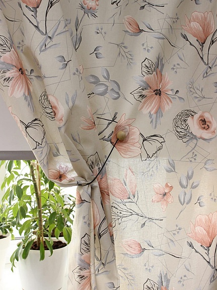 Полулен "Веточки магнолии" цв.св.телесно-серый, ш.2.2м, лен-30%, хлопок-70%, 140гр/м.кв