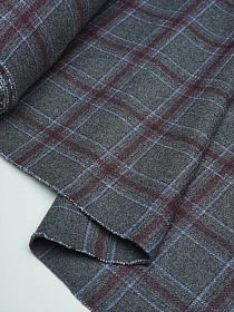Шерсть пальтово-костюмная Твид "Клетка бордово-голубая на сером", ш.1.5м, шерсть-50%, пэ-50%