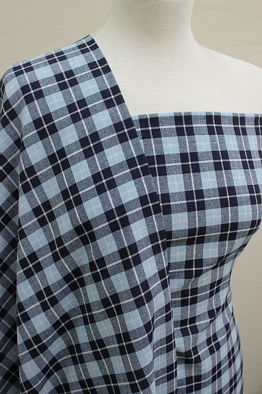 Пестрядь "Клетка" цв.чернильно-черный/голубой/белый, ш.1.5м, хлопок-100%, 140гр/м.кв