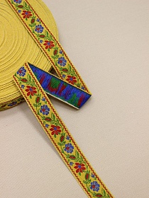 Жак.лента 24мм Красные/св.васильковые цветы на желтом, рис.8866/2