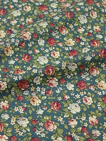 Импорт. хлопок "Розы кораллово-терракотовые" цв.т.зеленая морская волна, ш.1.45м, хл-100%