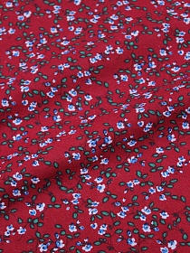 Хлопколен "Мелкие голубые цветочки с веточками на бордово-малиновом", ш.1.5м,  хлопок-80%, лен-20%