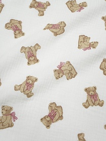 Муслин двухслойный с эф.жатости "Мишутка - розовый бантик" цв.белый, ш.1.4м, хл-100%, 115гр/м.кв