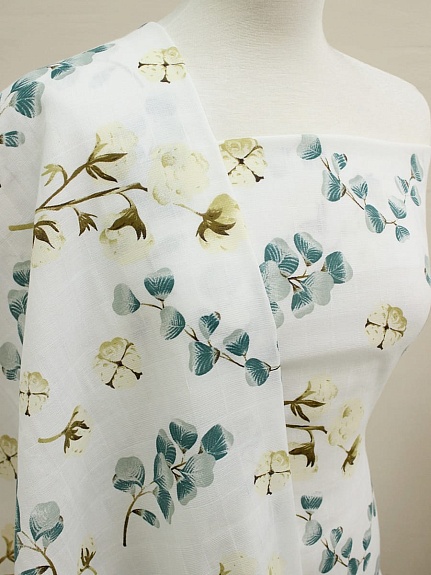 Муслин двухслойный "Веточки хлопка", ш.1.35м, хлопок-100%, 100гр/м.кв