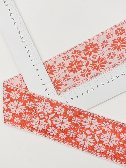 Жак.лента 70мм Алый славянский орнамент на св.розовом