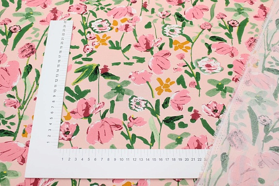 Штапель "Акварельные маки" цв.розовый, ш.1.45м, вискоза-100%, 110гр/м.кв