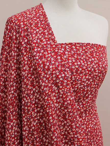 Штапель "Россыпь ромашек" цв.красный, ш.1.45м, вискоза-100%, 90гр/м.кв