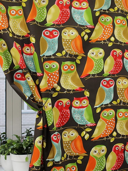 Интерьерный хлопок "Сувенирные совы" цв.темный шоколад, ш.1.5м, хлопок-100%, 250гр/м.кв