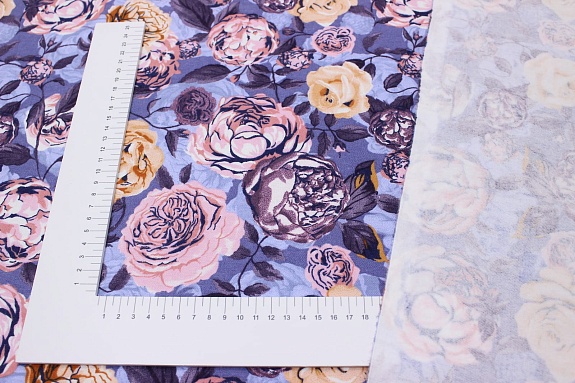 Мерный лоскут (ткань в отрезах)   Фланель "Пионы на сиренево-голубой дымке", ш.1.5м, хлопок-100%