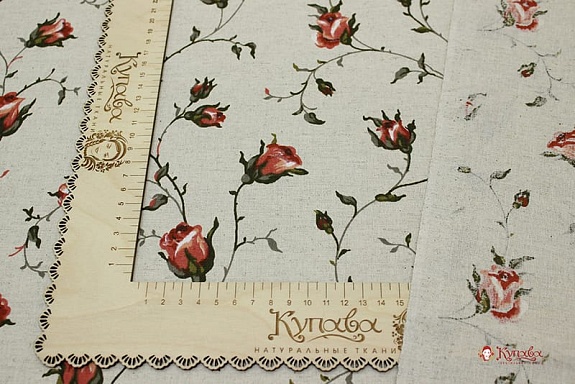 Полулен "Зайцевские розочки-коралловые бутоны" (на суровом), ш.1.5м, лен-30%, хлопок-70%, 140гр/м.кв