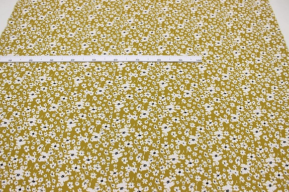 Плательная вискоза "Цветочная полька" цв.золотисто-оливковый, СОРТ2, ш.1.47м, вискоза-100%