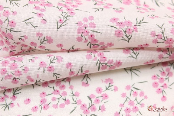 Штапель "Весенние розовые цветочки на белом", ш.1.45м, вискоза-100%, 100гр/м.кв