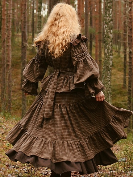 Платье из пестряди "Клетка" в коричнево-терракотовом цвете