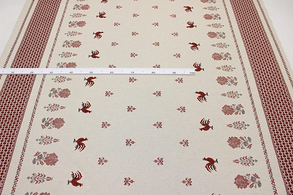 Полулен "Вышивка петушки на суровом с каймой", ш.1.5м, хлопок-70%, лен-30%, 140гр/м.кв