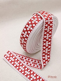 Лента тканая для поясов, 40мм Красный орнамент на белом, рис.9532