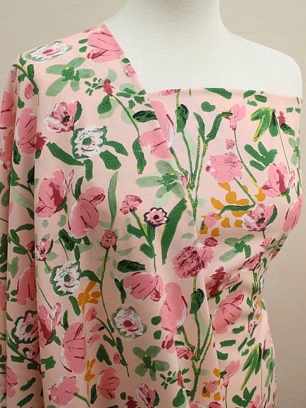 Штапель "Акварельные маки" цв.розовый, ш.1.45м, вискоза-100%, 110гр/м.кв