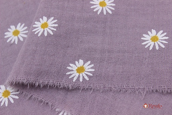 Муслин двухслойный с эф.жатости "Ромашки" цв.серо-лиловый, ш.1.4м, хлопок-100%, 115гр/м.кв