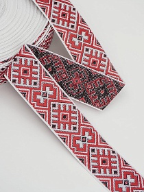 Жак.лента 32мм Ромбы красный/черный на белом