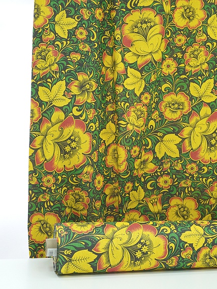 Бязь "Черно-желтая хохлома с зеленым", СОРТ2, ш.1.5м, хлопок-100%, 120гр/м.кв