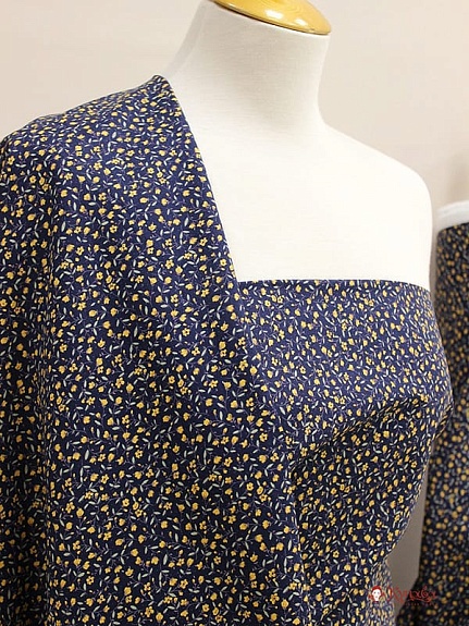 Импорт. хлопок "Горчичные лютики на темно-синем", ш.1.5м, хлопок-100%, 115гр/м.кв