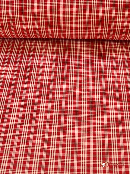 Пестрядь этнографическая под домоткань "Белая клетка на бордово-малиновом", ш.1.55м, хл-100%