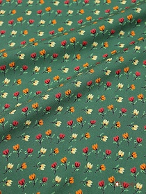 Штапель Премиум "Цветные тюльпанчики на винтажно-зеленом", ш.1.43м, вискоза-100%, 120гр/м.кв