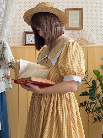 Платье из вареного хлопка "Мелкая клетка" цв.медово-желтый