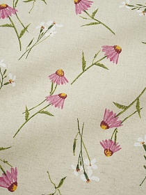 Полулен "Альпийская ромашка-розовые цветы" (на суровом), ш.1.5м, лен-30%, хлопок-70%, 140гр/м.кв