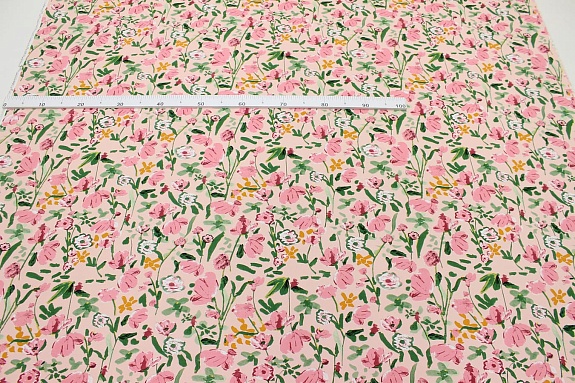 Штапель "Акварельные маки" цв.розовый, ш.1.45м, вискоза-100%, 110гр/м.кв