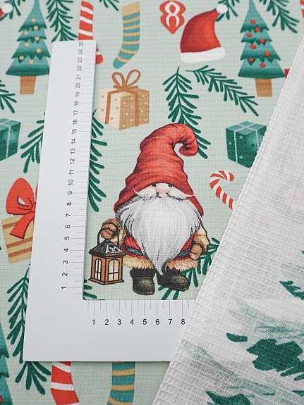 Вафельное полотно "Зимние гномы", ш.1.5м, хл-100%, 150гр/м.кв, раппорт 63см
