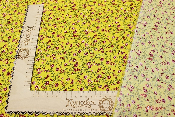 Штапель "Бордовые цветочки на желтом", ш.1.45м, вискоза-100%, 100гр/м.кв