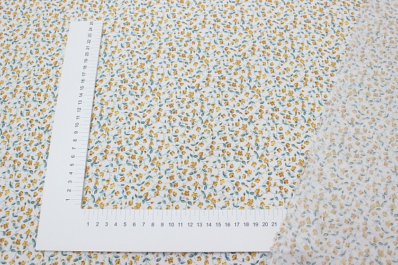 Штапель "Желтые лютики на белом с мятным оттенком", ш.1.45м, вискоза-100%, 100гр/м.кв