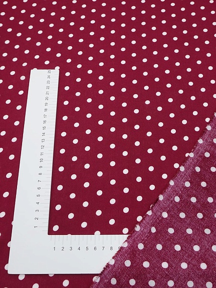 Штапель "Редкий средний горох №2 на малиново-бордовом", ш.1.44м, вискоза-100%, 110гр/м.кв
